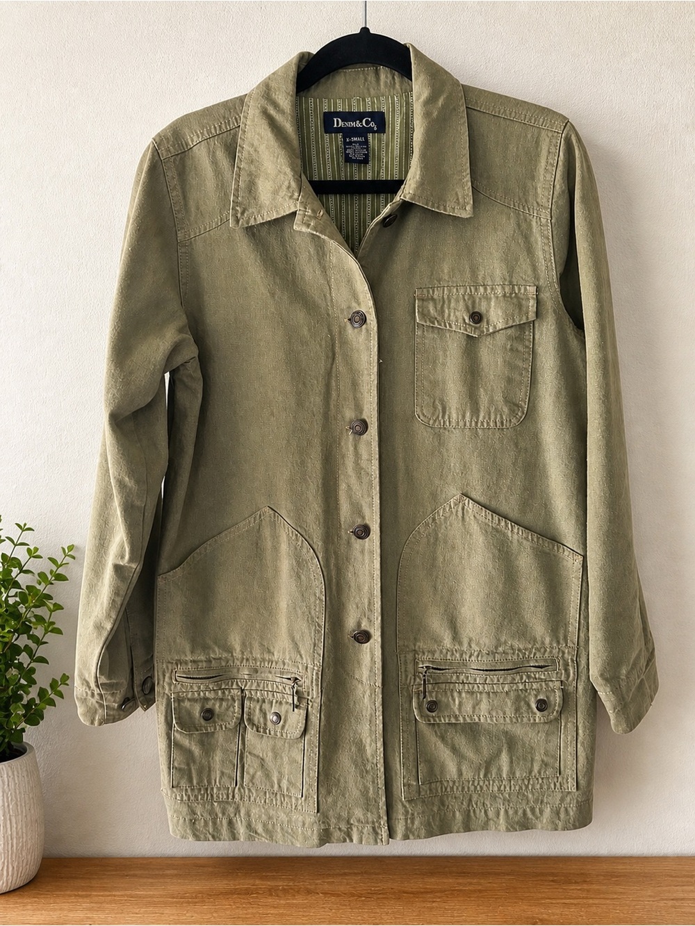 Denim & Co. Olive Utility Jacket XS Oversized Unisex Workwear Style